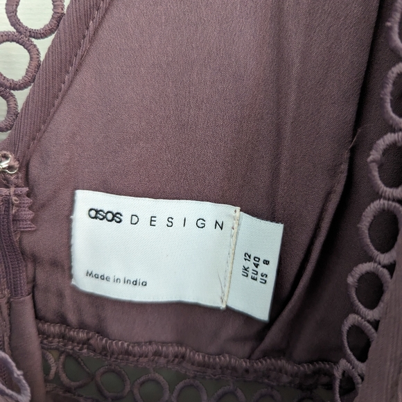 ASOS DESIGN lace insert midi dress with ruffle detail in mauve - Picture 7 of 7